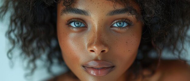 El retrato de una hermosa joven africana con cabello ondulado y maquillaje natural sobre un fondo blanco