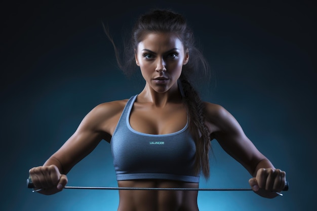 Retrato de una hermosa joven afroamericana que trabaja en el gimnasio Una atleta que hace ejercicio con una cuerda de salto Sección superior recortada Vista delantera caras no reveladas Generada por IA