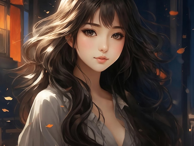 Retrato de una hermosa joven anime con cabello volador en la calle IA generativa