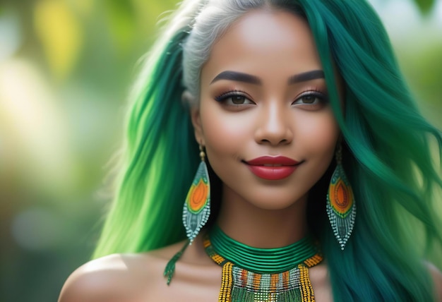 Retrato de una hermosa joven asiática con cabello verde y maquillaje