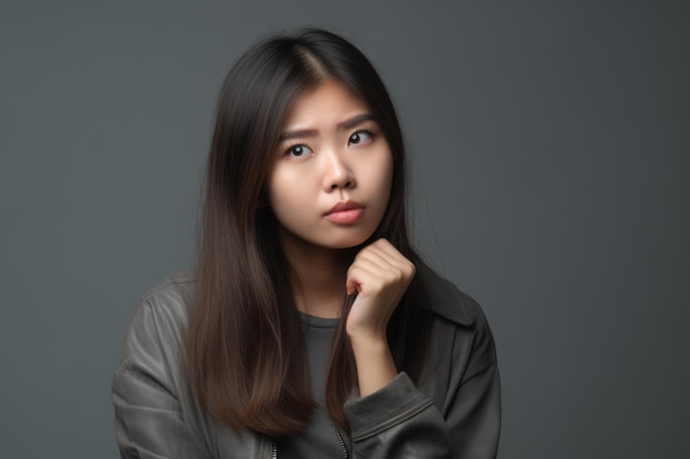 Retrato de una hermosa joven asiática con chaqueta negra sobre fondo gris IA generativa