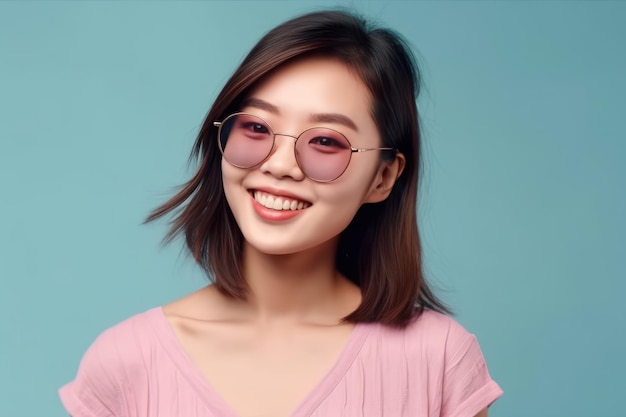 Retrato de una hermosa joven asiática feliz con un lindo vestido azul de moda que usa gafas de sol sonriendo y