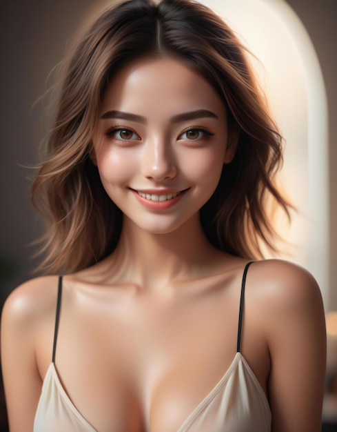 Retrato de una hermosa joven asiática en lencería