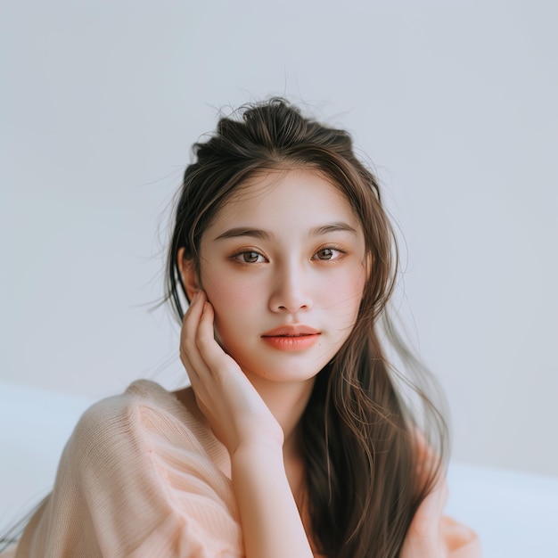 Retrato de una hermosa joven asiática con piel limpia y fresca