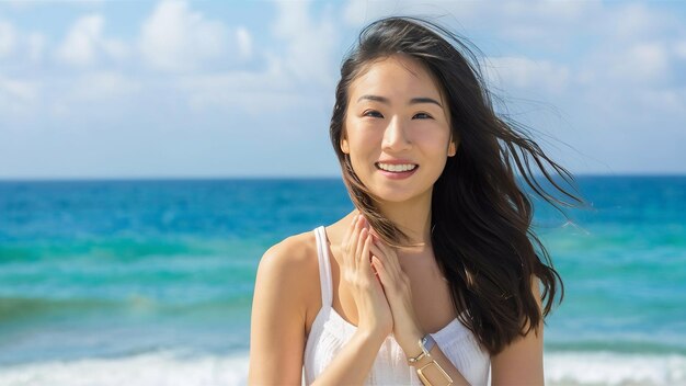 Retrato de una hermosa joven asiática con una sonrisa feliz relajándose cerca de la playa y el mar