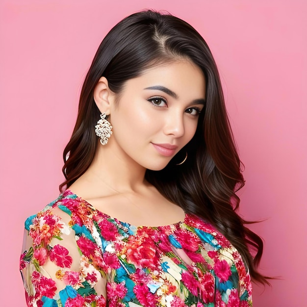 Foto retrato de una hermosa joven asiática con un vestido floral de fondo rosa