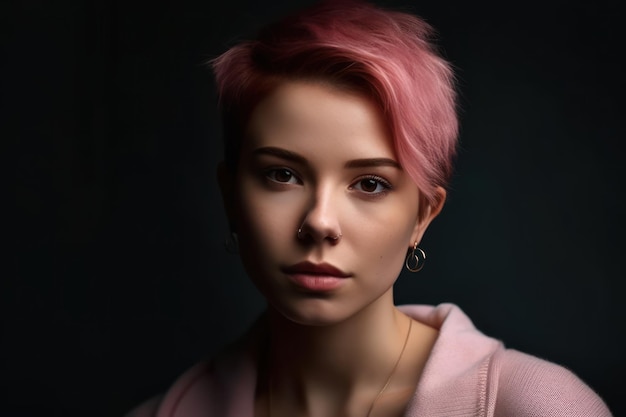 Retrato de una hermosa joven blanca con un peinado corto rosa sobre fondo oscuro con copia sp