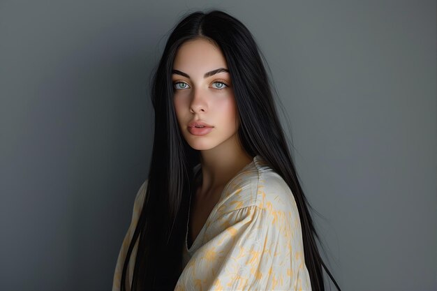 Foto retrato de una hermosa joven con el cabello largo y liso