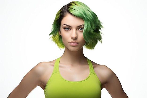 Retrato de una hermosa joven con cabello verde sobre fondo blanco.