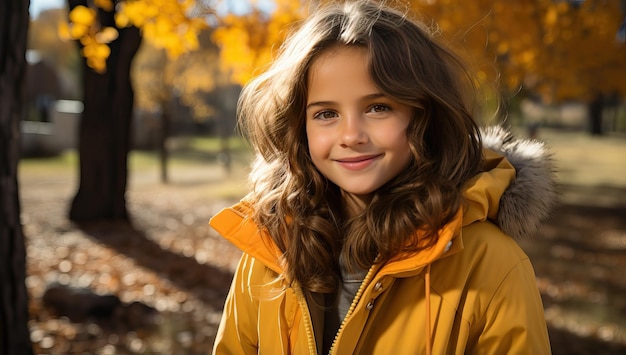 Retrato de una hermosa joven con una chaqueta amarilla en el parque de otoño