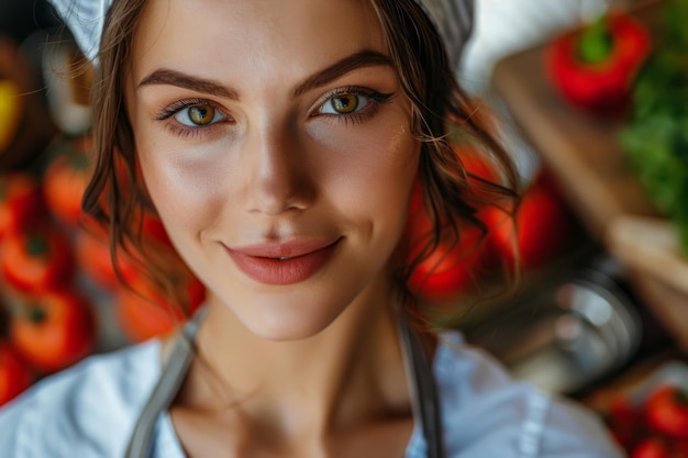 Retrato de una hermosa y joven chef sonriendo en una cocina