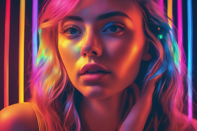 retrato con una hermosa joven con coloridas luces de neón