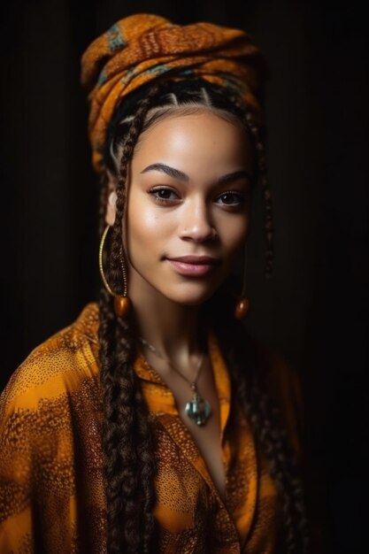 Retrato de una hermosa joven étnica con trenzas