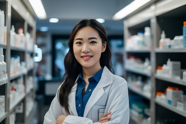 Retrato de una hermosa joven farmacéutica asiática con una receta