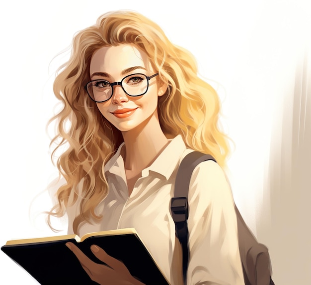 Retrato de una hermosa joven con gafas sosteniendo un libro