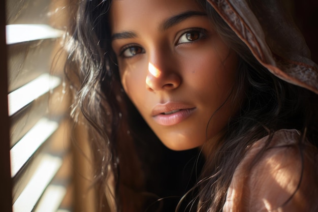 Retrato de una hermosa joven india con el sol en la cara