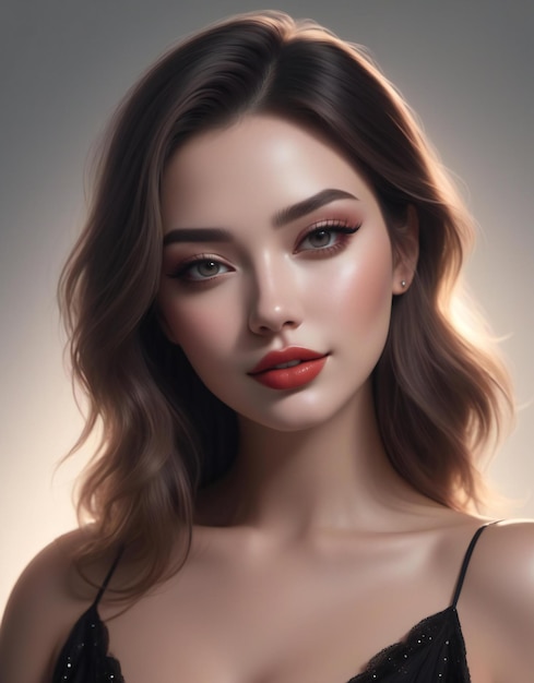 Retrato de una hermosa joven con maquillaje profesional y labios rojos
