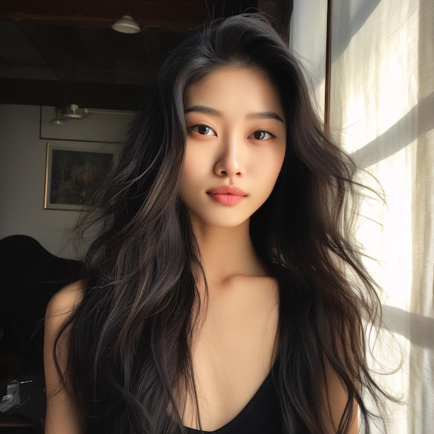 Retrato de una hermosa joven modelo coreana con el pelo largo y negro