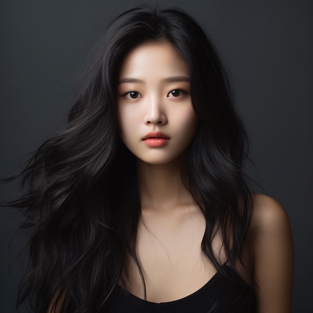 Retrato de una hermosa joven modelo coreana con el pelo largo y negro