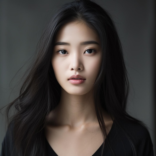 Retrato de una hermosa joven modelo coreana con el pelo largo y negro