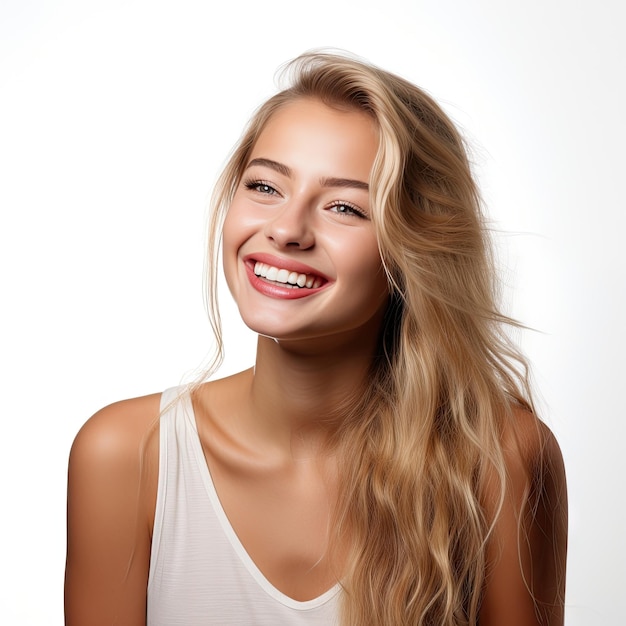 retrato de una hermosa joven modelo rubia riendo y sonriendo con dientes limpios