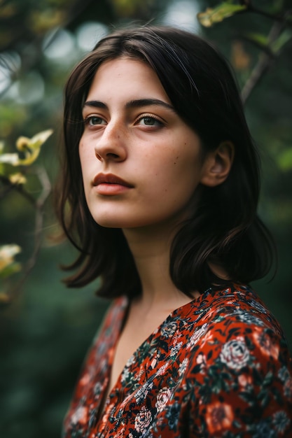 Retrato de una hermosa joven morena en un parque