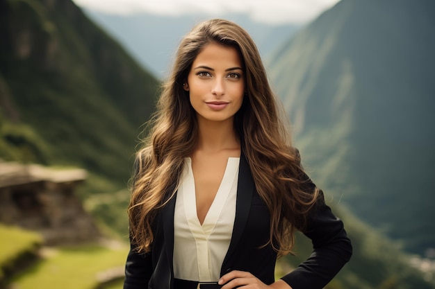 Retrato de una hermosa joven morena sobre el fondo de las montañas Empresario turístico