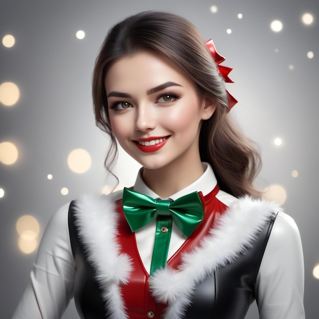 Retrato de una hermosa joven mujer morena con ropa de Papá Noel