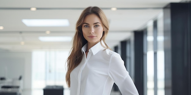 Retrato de una hermosa joven mujer de negocios con una camisa blanca parada en la oficina