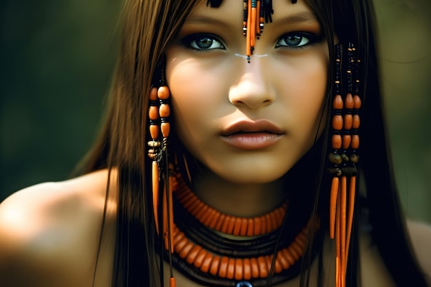 Retrato de una hermosa joven mujer tribal red neuronal generada por ai