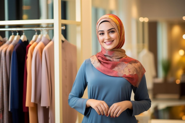 Retrato de una hermosa joven musulmana con hijab parada en una boutique