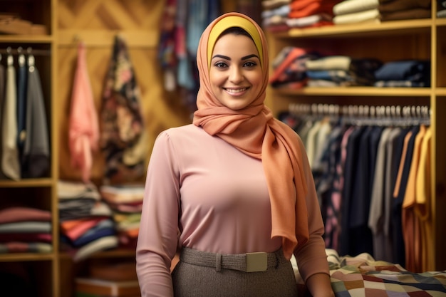 Retrato de una hermosa joven musulmana con hijab en una tienda de ropa