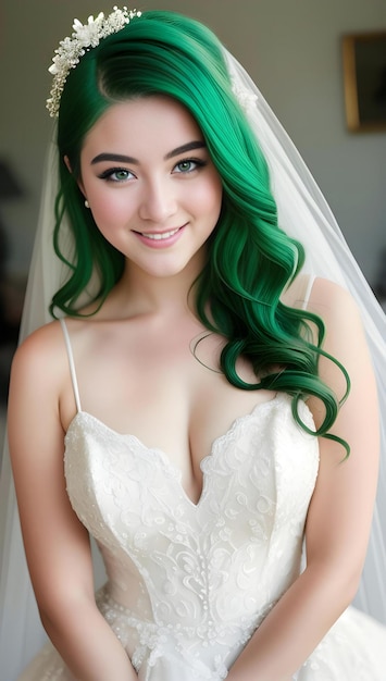 Retrato de una hermosa joven novia con cabello verde y vestido de novia blanco
