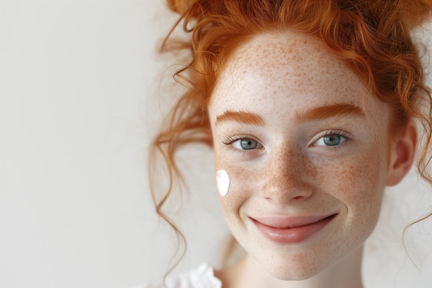 Retrato de una hermosa joven pelirroja con una gota de crema en la cara