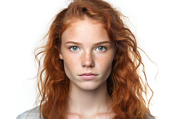 Retrato de una hermosa joven pelirroja con pecas