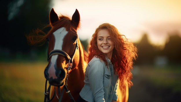 Foto retrato de una hermosa joven pelirroja con su caballo al atardecer