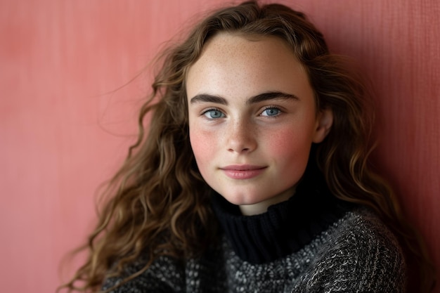 Retrato de una hermosa joven con el pelo largo y rizado contra una pared rosa