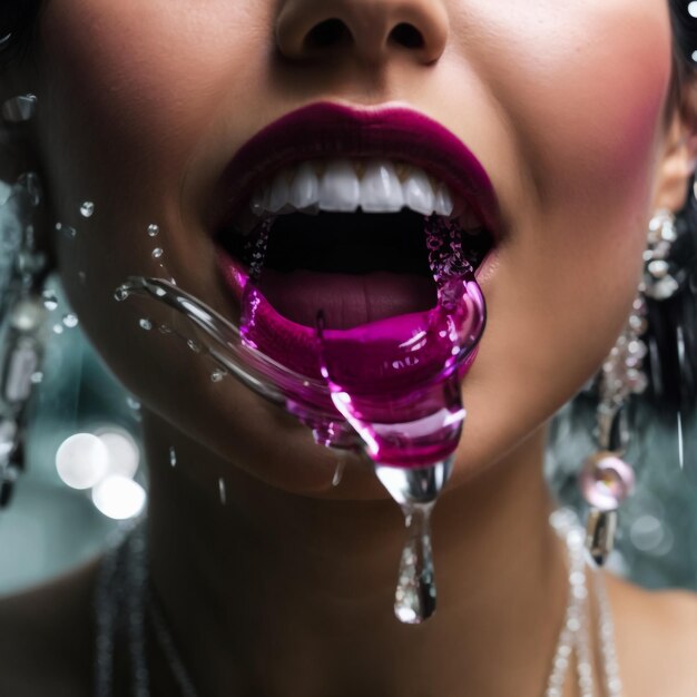 Foto retrato de una hermosa joven con una perforación de agua en la boca