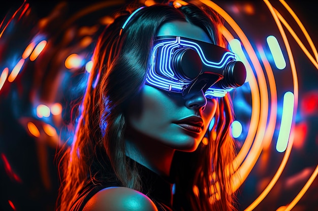 Retrato de una hermosa joven que usa un auricular vr con luces de neón en segundo plano.