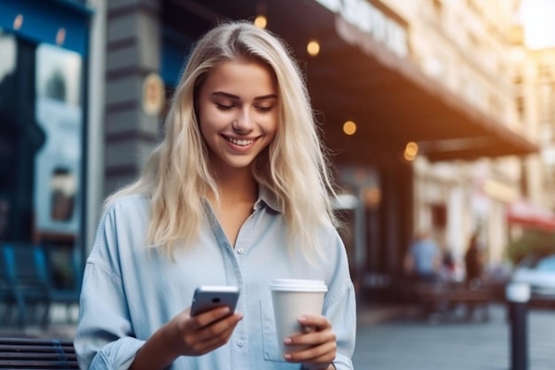 Retrato de una hermosa joven que usa su teléfono móvil en la calle IA generativa