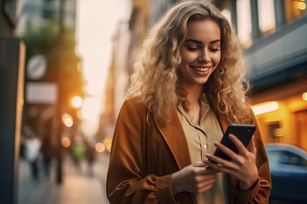 Retrato de una hermosa joven que usa su teléfono móvil en la calle IA generativa