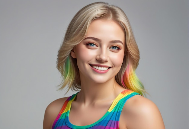 Retrato de una hermosa joven rubia con cabello de arco iris sobre un fondo gris