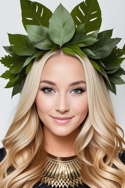 Retrato de una hermosa joven rubia con corona verde en la cabeza