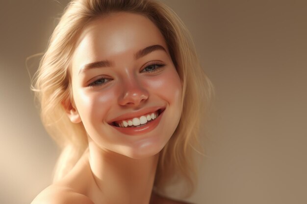 Retrato de una hermosa joven rubia con piel sana y dientes blancos IA generativa