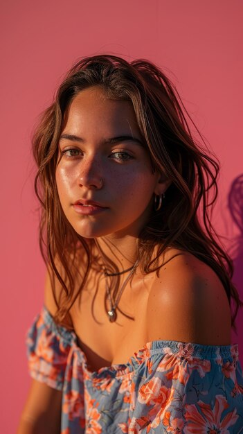 Retrato de una hermosa joven sobre un fondo rosa