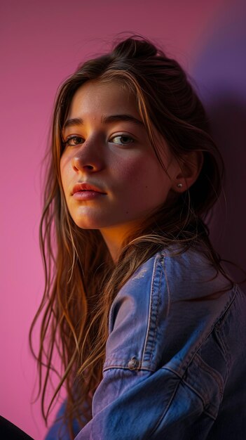 Foto retrato de una hermosa joven sobre un fondo rosa