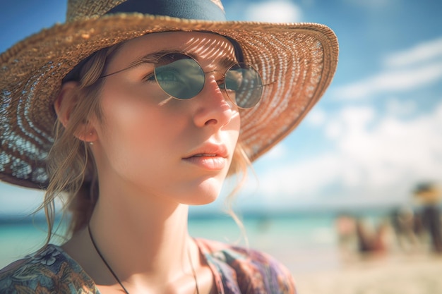 Retrato de una hermosa joven con sombrero y gafas de sol en la playa IA generativa