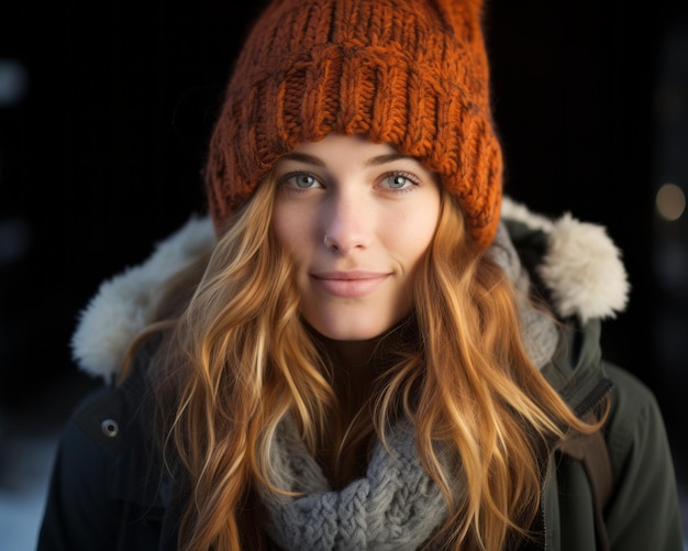 retrato de una hermosa joven con un sombrero de invierno