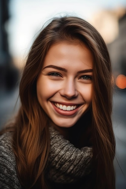 Retrato de una hermosa joven sonriendo alegremente creado con ai generativo