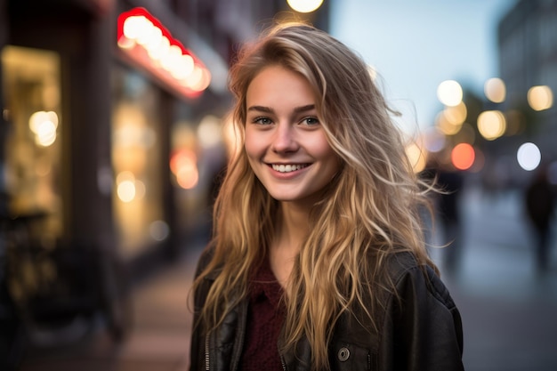 retrato de una hermosa joven sonriendo en la ciudad por la noche